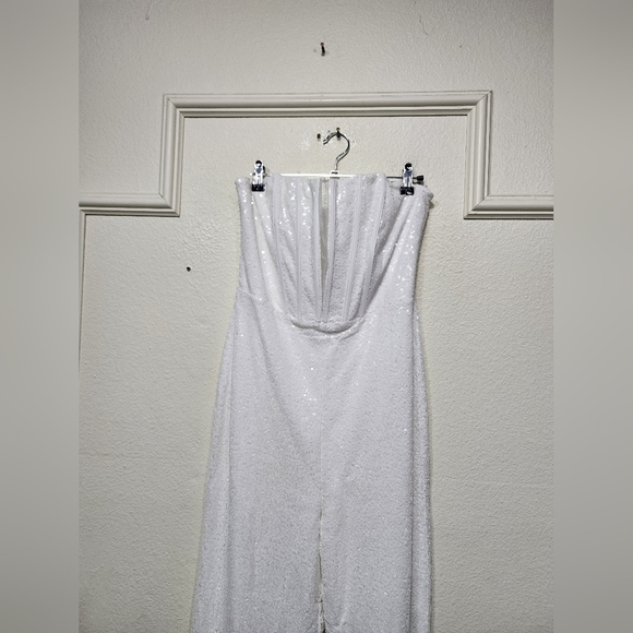 Lulus Glamorous Spirit White Sequin Strapless Bustier Jumpsuit L Wedding Party - Picture 7 of 9